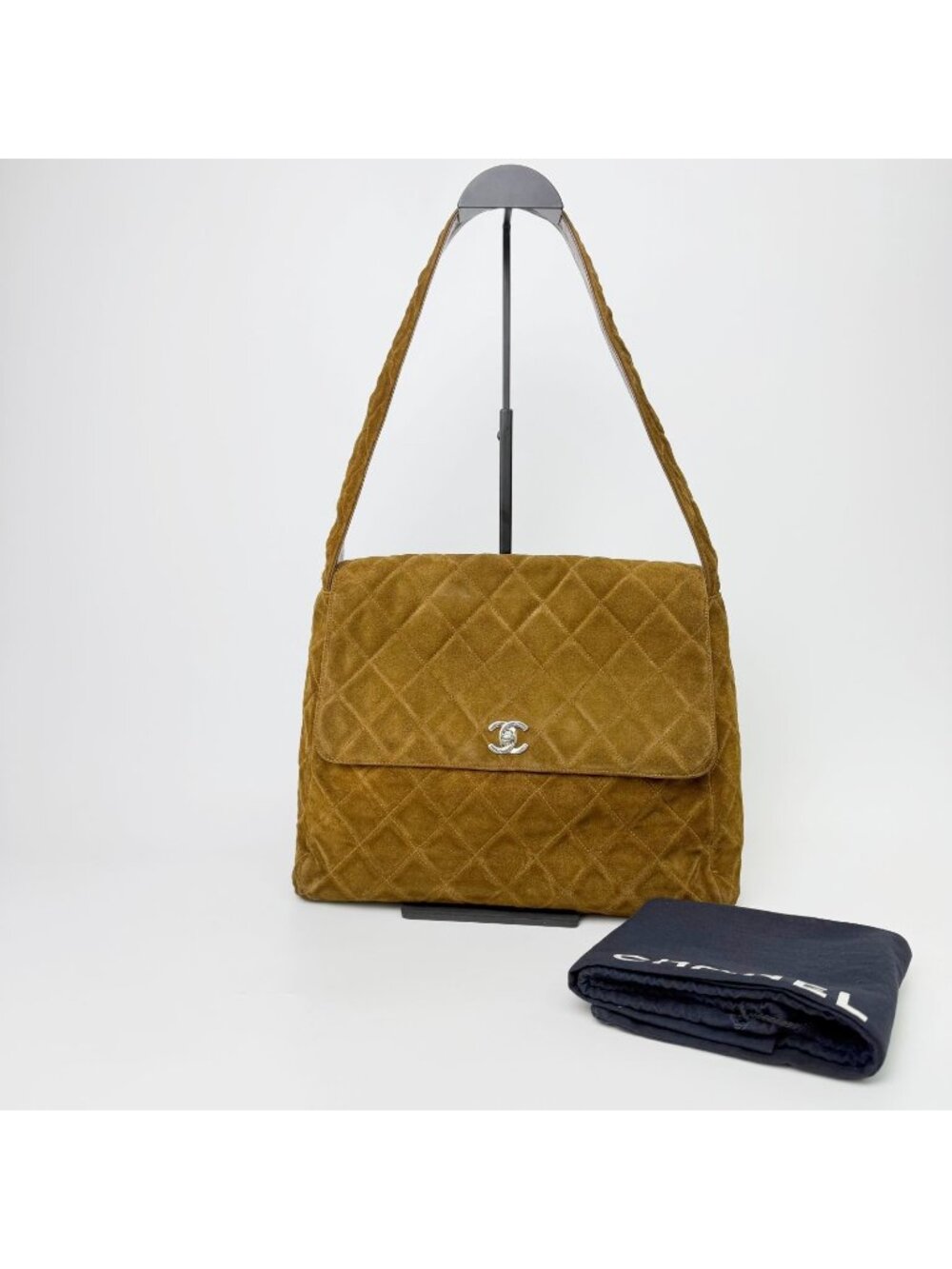 Chanel CC Logo Quilted Flap Shoulder Bag Suede Camel Brown Silver Seal Vintage